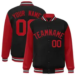 Black Red Raglan Sleeves Varsity Full-Snap Letterman Jacket 1