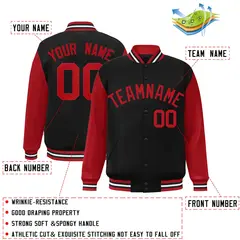 Black Red Raglan Sleeves Varsity Full-Snap Letterman Jacket 2