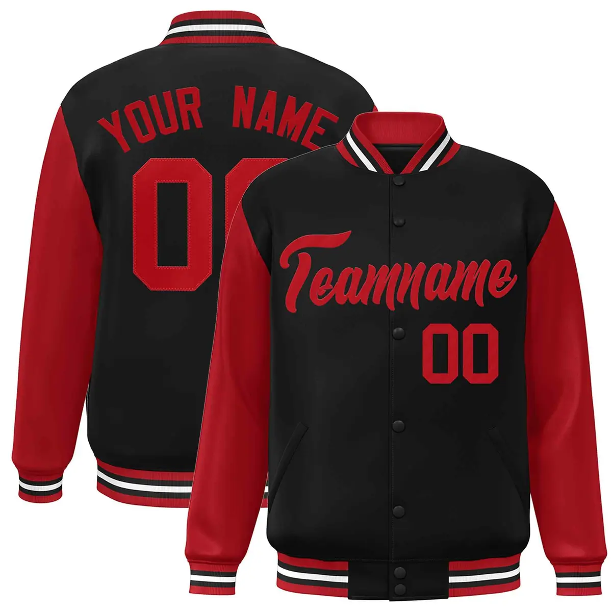 Black Red Raglan Sleeves Varsity Full-Snap Letterman Jacket