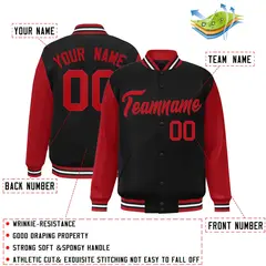 Black Red Raglan Sleeves Varsity Full-Snap Letterman Jacket 2