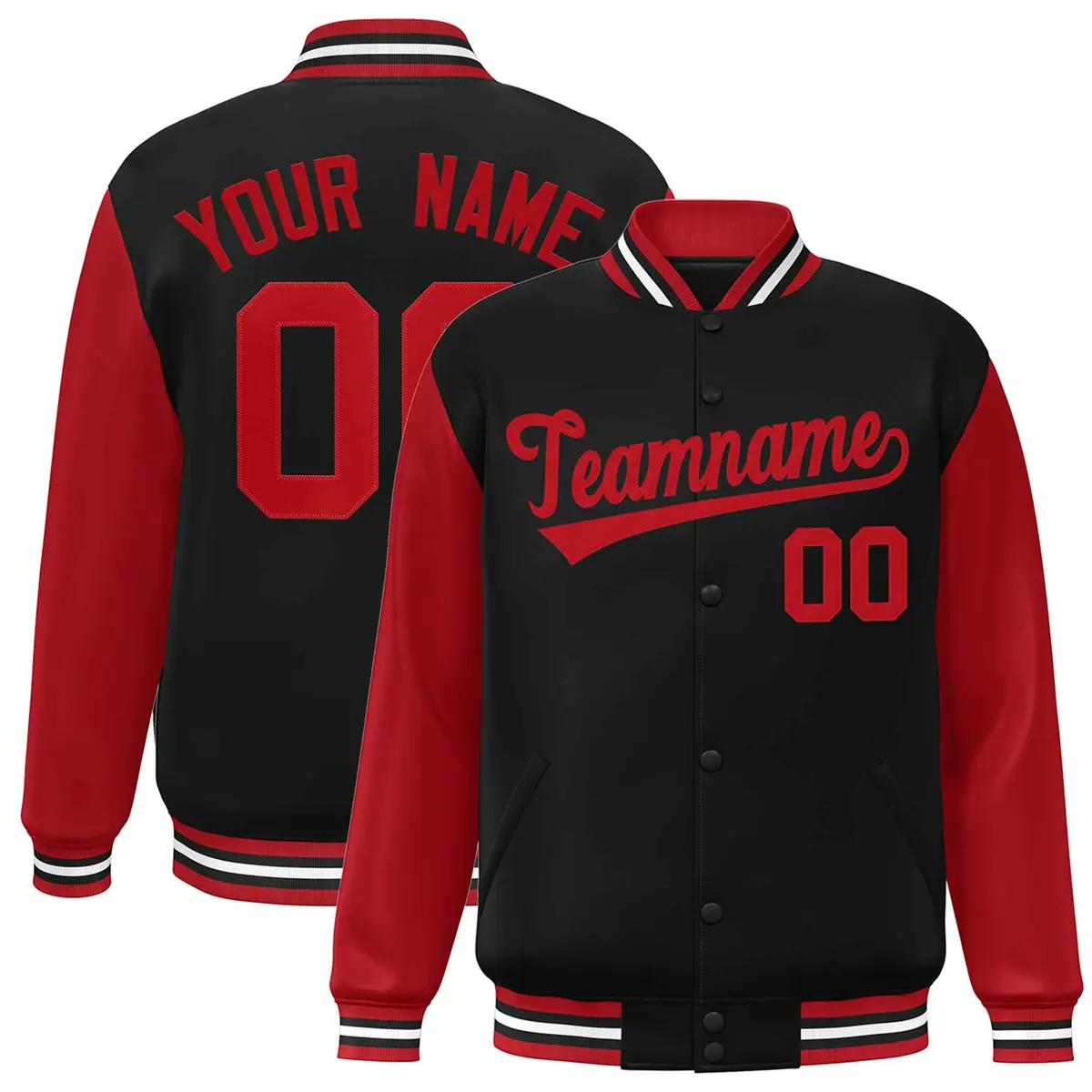 Black Red Raglan Sleeves Varsity Full-Snap Letterman Jacket