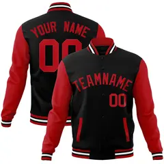 Black Red Raglan Sleeves Varsity Full-Snap Letterman Jacket