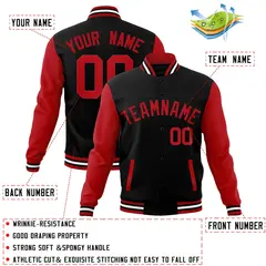 Black Red Raglan Sleeves Varsity Full-Snap Letterman Jacket 4