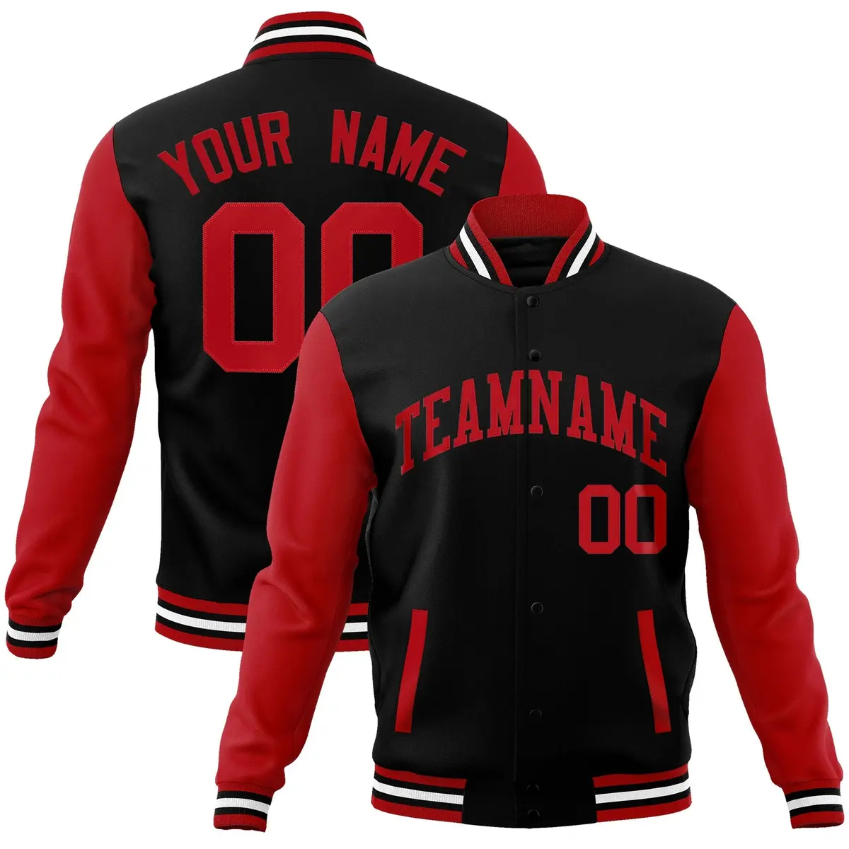 Black Red Raglan Sleeves Varsity Full-Snap Letterman Jacket
