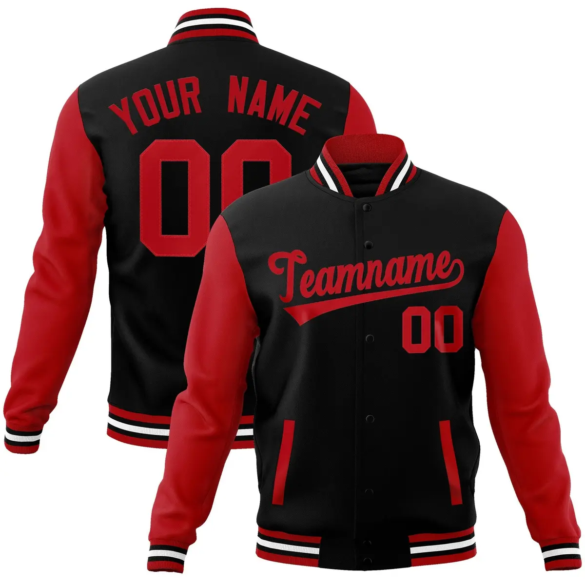 Black Red Raglan Sleeves Varsity Full-Snap Letterman Jacket
