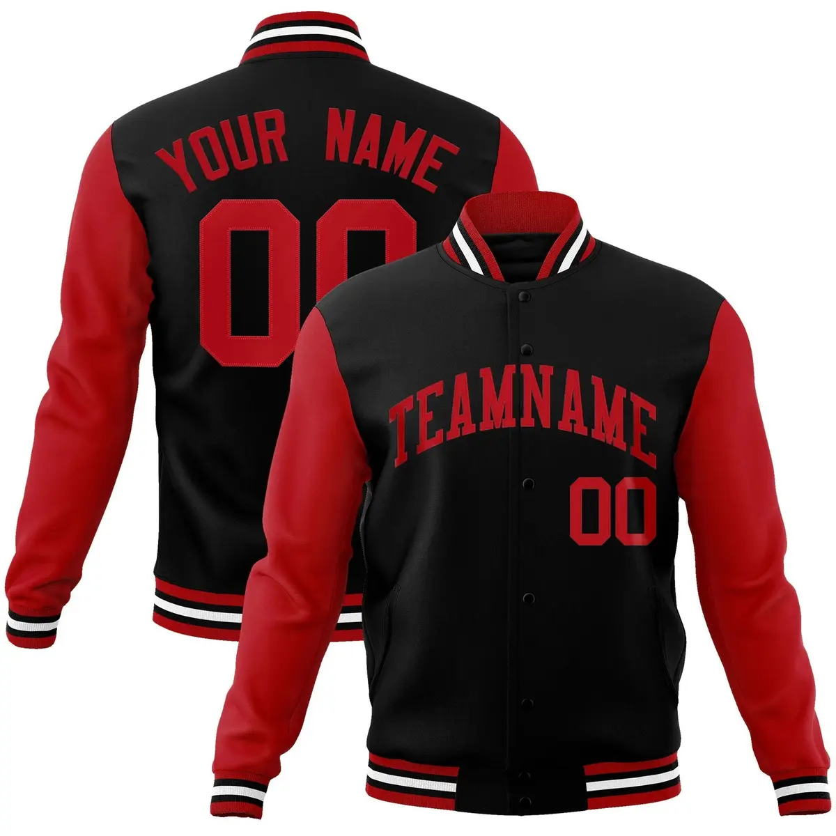 Black Red Raglan Sleeves Varsity Full-Snap Letterman Jacket