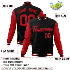 Black Red Raglan Sleeves Varsity Full-Snap Letterman Jacket 4