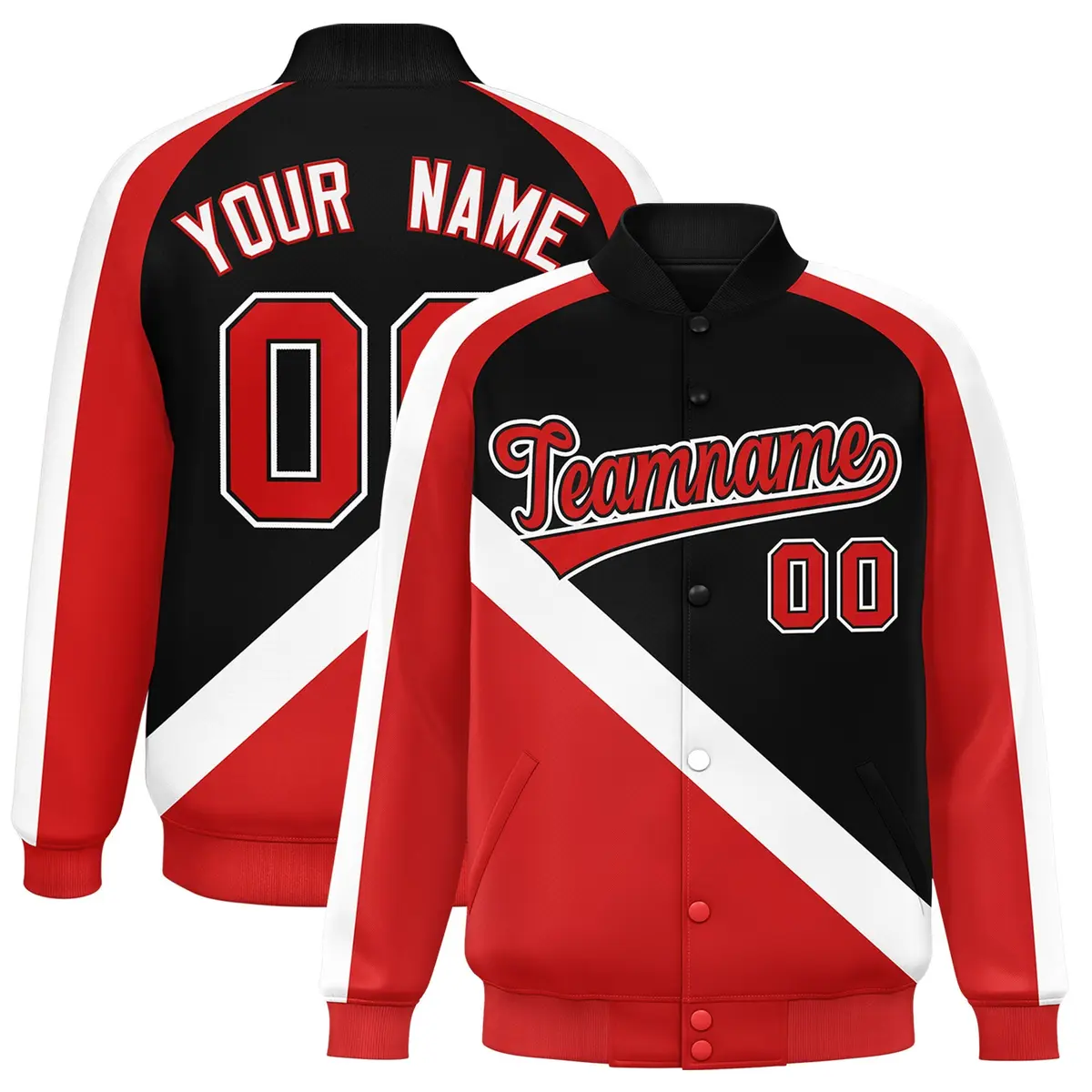 Black Red Raglan Varsity Full-Snap Letterman Baseball Jacket