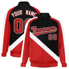 Black Red Raglan Varsity Full-Snap Letterman Baseball Jacket 1
