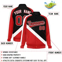Black Red Raglan Varsity Full-Snap Letterman Baseball Jacket 2