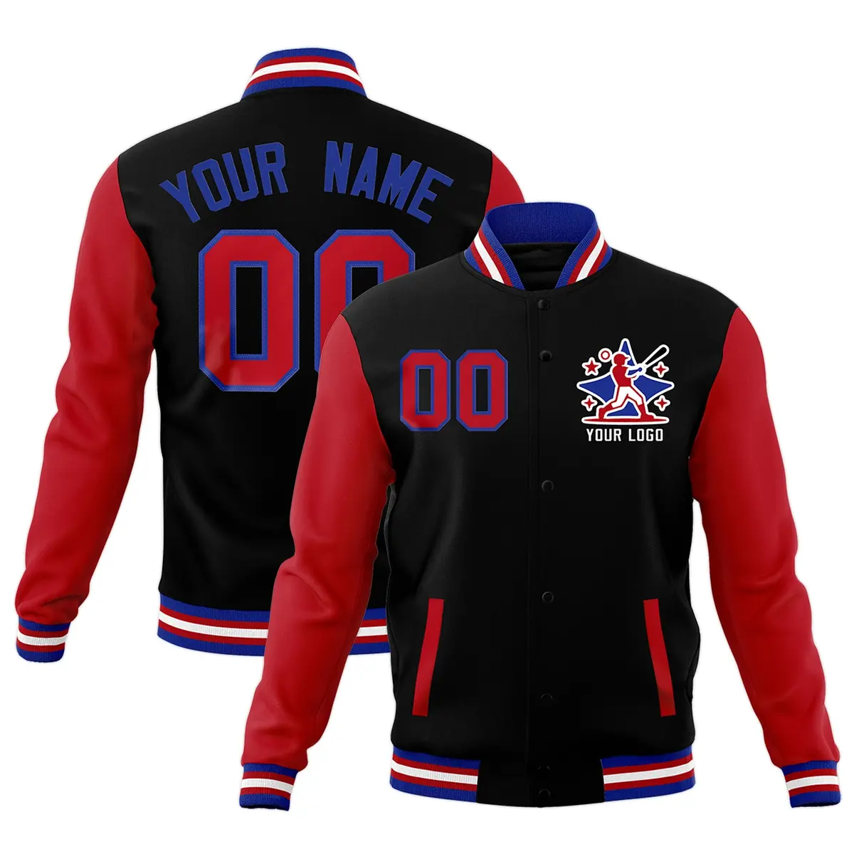 Black Red Royal Blue Raglan Full-Snap Letterman Cotton Jacket