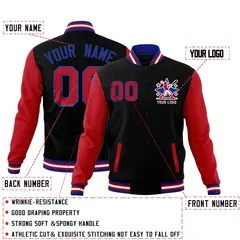 Black Red Royal Blue Raglan Full-Snap Letterman Cotton Jacket 2