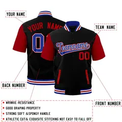 Black Red Royal Blue White Full-Snap Short Sleeve Varsity Jacket 2