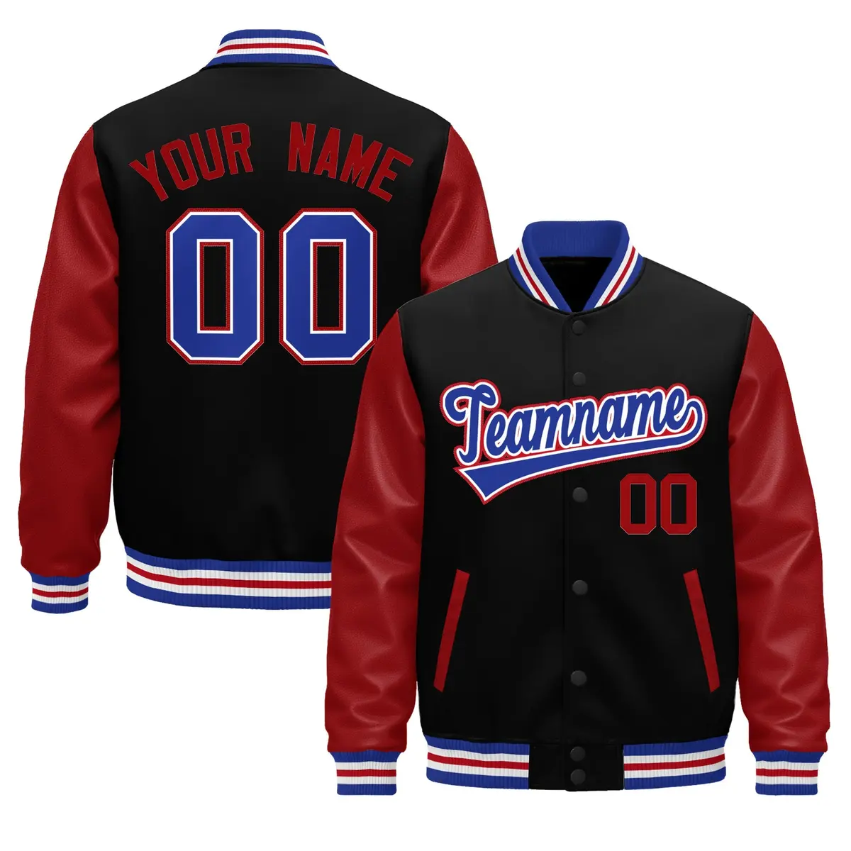 Black Red Royal Blue White Varsity Full-Snap Letterman Jacket