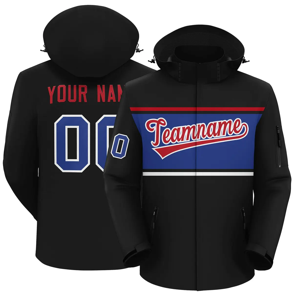 Black Red-Royal Color Block Hooded Waterproof Outdoor Jacket