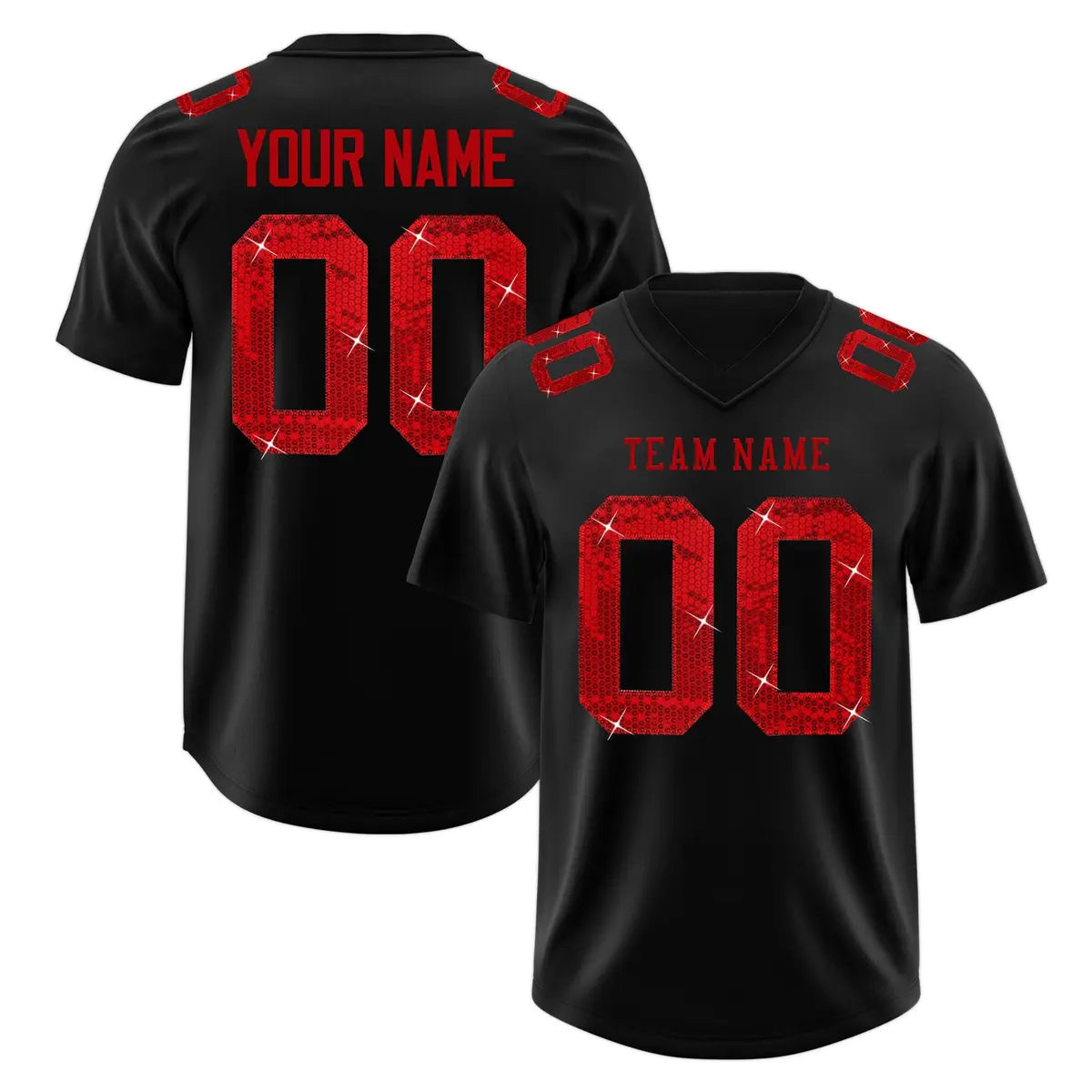 Black Red Sequin Lettering Breathable Football Jersey