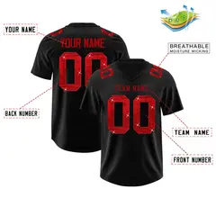 Black Red Sequin Lettering Breathable Football Jersey 2