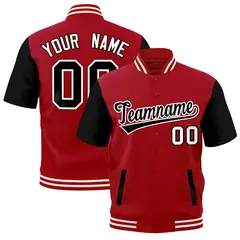 Black Red Short Sleeve Full-Snap Varsity Jacket