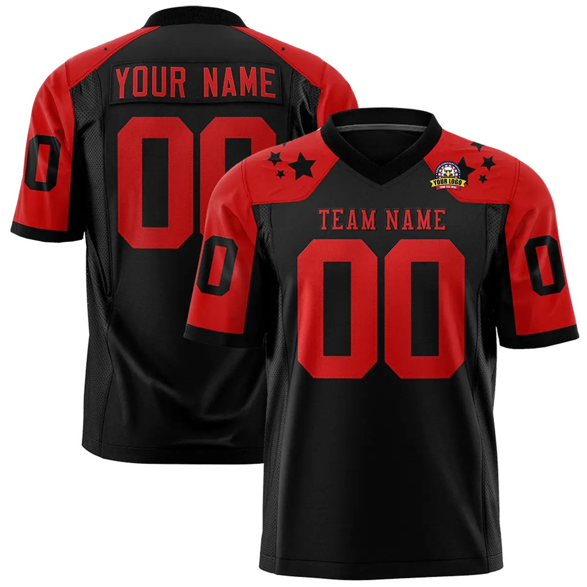 Black Red Shoulder Star Pattern Flag Football Jersey