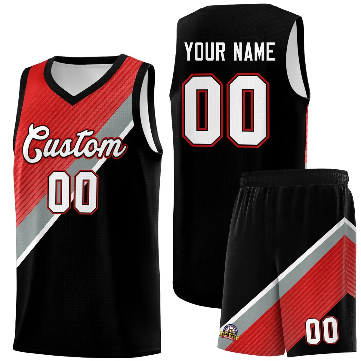 Black Red Silver Gray Diagonal Stripes Color Block Basketball Jersey
