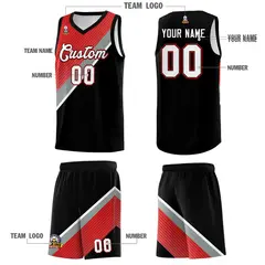 Black Red Silver Gray Diagonal Stripes Color Block Basketball Jersey 5