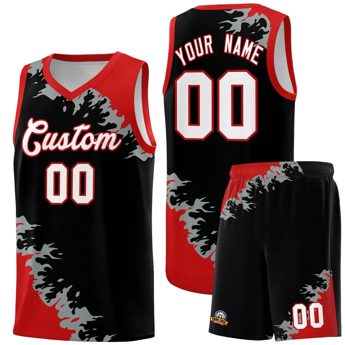 Black Red-Silver Gray Sparkle Pattern Basketball Kits