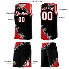 Black Red-Silver Gray Sparkle Pattern Basketball Kits 5