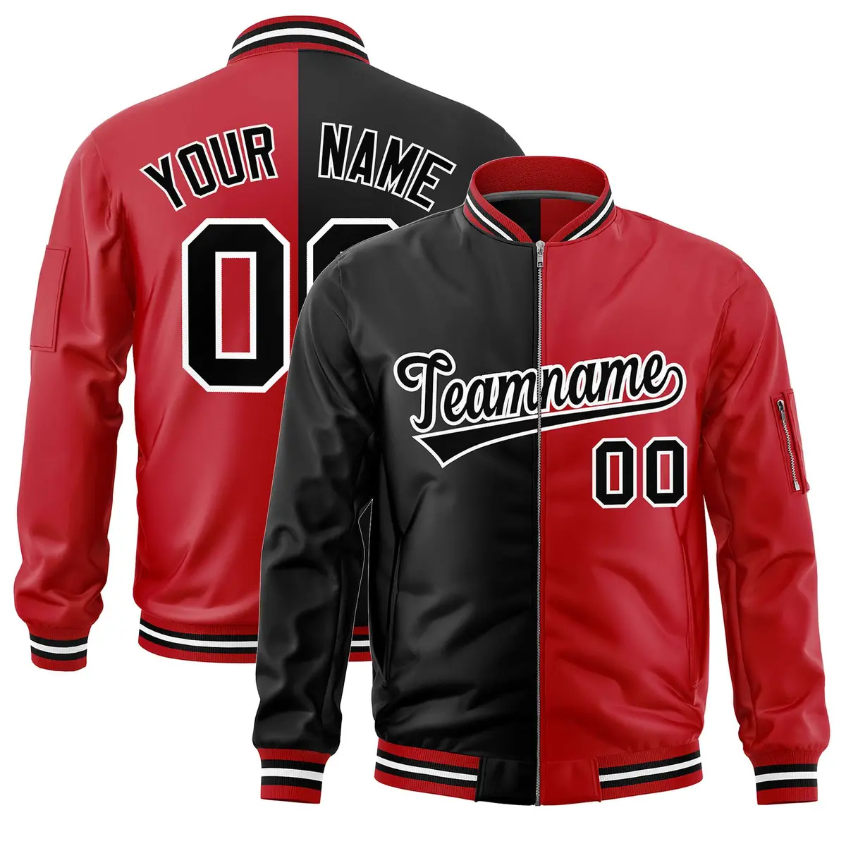 Black Red Split Two Tone Full-Zip Varsity Letterman Bomber Jacket