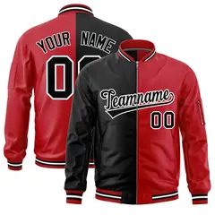 Black Red Split Two Tone Full-Zip Varsity Letterman Bomber Jacket
