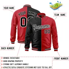 Black Red Split Two Tone Full-Zip Varsity Letterman Bomber Jacket 2