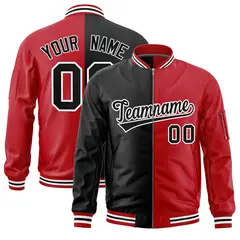 Black Red Split Two Tone Full-Zip Varsity Letterman Bomber Jacket 1