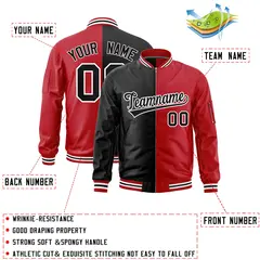 Black Red Split Two Tone Full-Zip Varsity Letterman Bomber Jacket 2