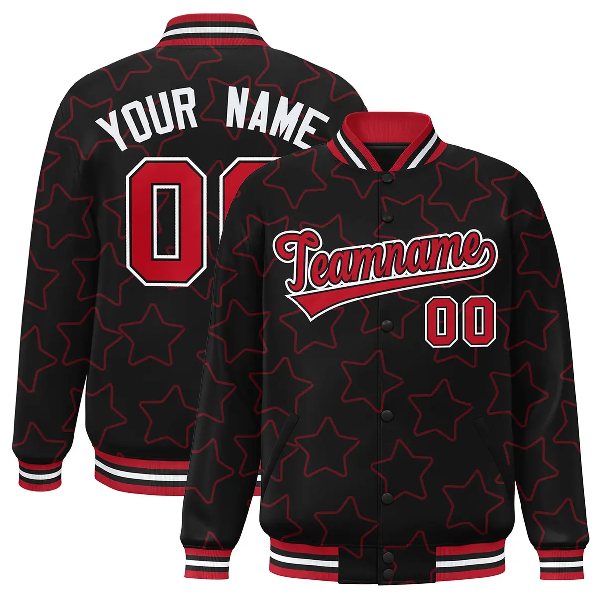 Black Red Star Pattern Varsity Letterman Baseball Jacket