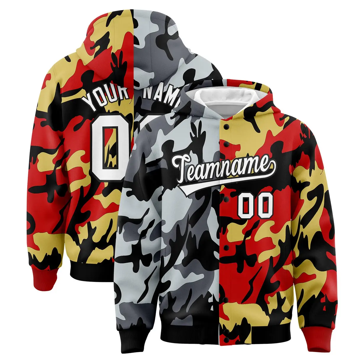 Black Red Two Tone Full-Snap Varsity Letterman Jacket Hoodie