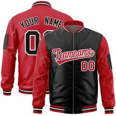 Black Red Two-Tone Varsity Full-Zip Letterman Bomber Jacket