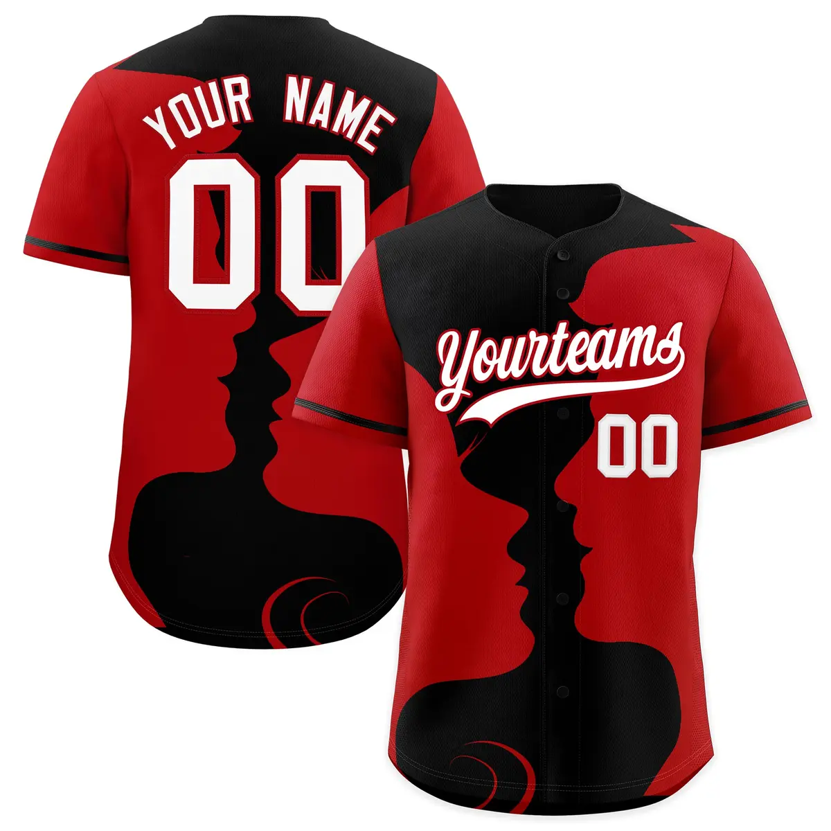 Black Red Valentine's Day Couple Silhouettes Baseball Jersey