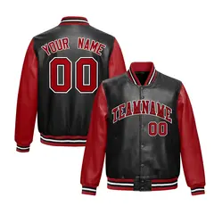 Black Red Varsity Full-Snap Faux Leather Letterman Jacket
