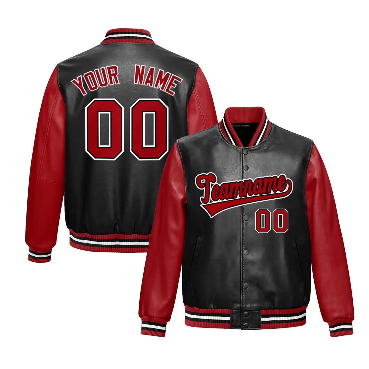 Black Red Varsity Full-Snap Faux Leather Letterman Jacket