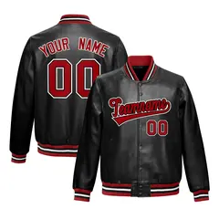 Black Red Varsity Full-Snap Faux Leather Letterman Jacket