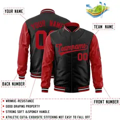 Black Red Varsity Raglan Sleeves Letterman Bomber Jacket 2