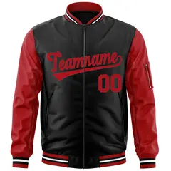 Black Red Varsity Raglan Sleeves Letterman Bomber Jacket 3
