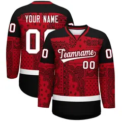 Black Red White Cashew Flower Graffiti V-Neck Hockey Jersey