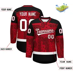 Black Red White Cashew Flower Graffiti V-Neck Hockey Jersey 2