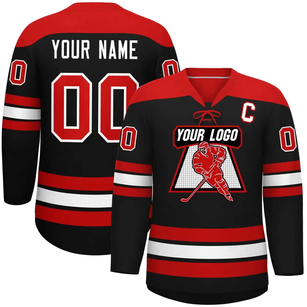 Black Red White Classic Lace-Up Neck Hockey Jersey