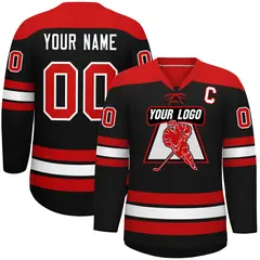 Black Red White Classic Lace-Up Neck Hockey Jersey