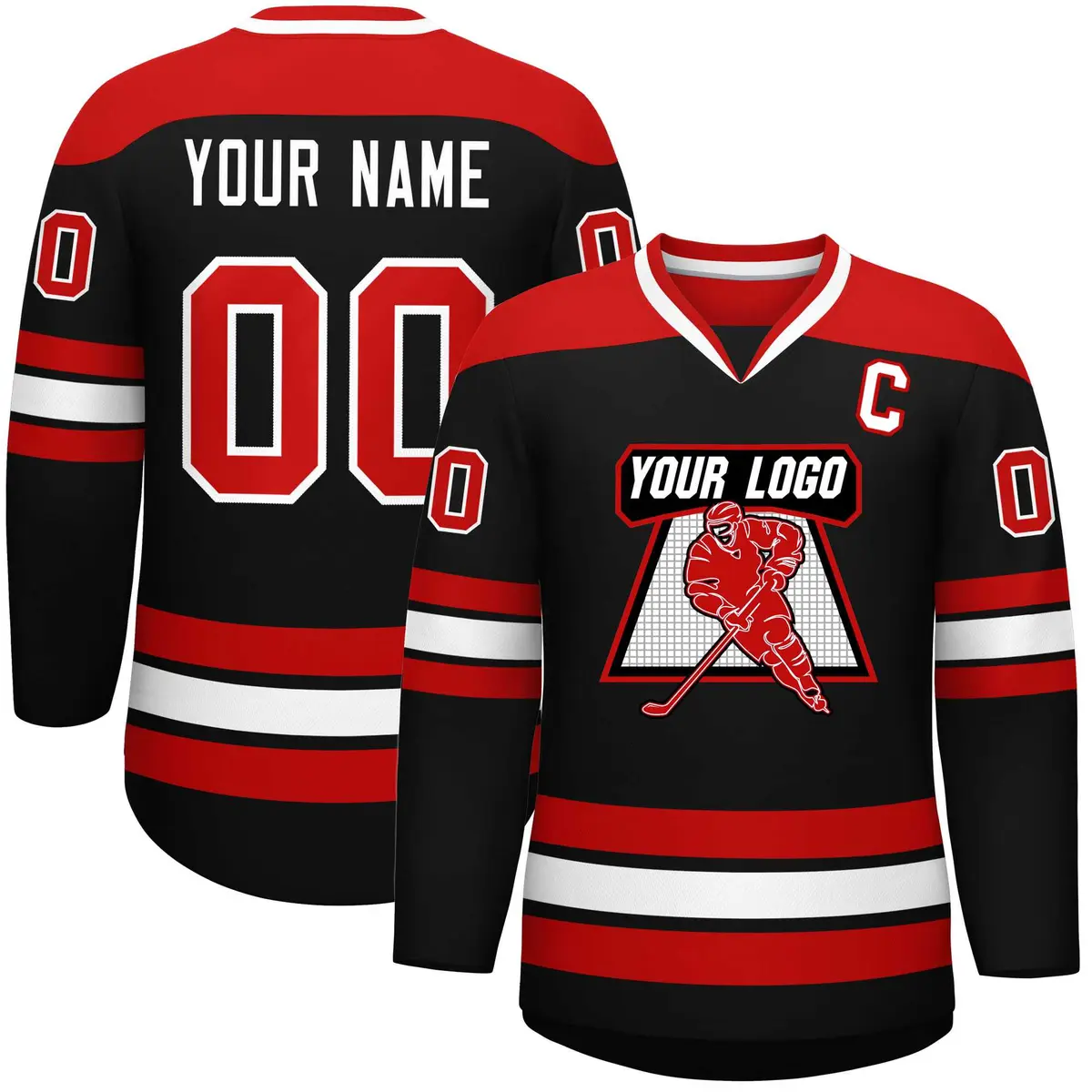 Black Red-White Classic V-Neck Hockey Jersey