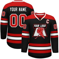 Black Red-White Classic V-Neck Hockey Jersey 1