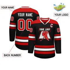 Black Red-White Classic V-Neck Hockey Jersey 2
