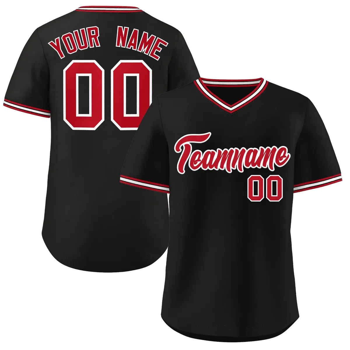 Black Red-White Classic V-Neck Pullover Baseball Jersey