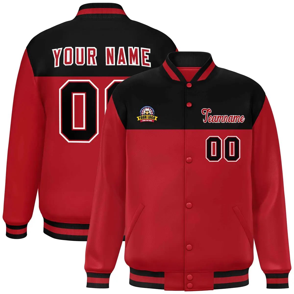 Black Red-White Color Block Lettermen Baseball Jacket